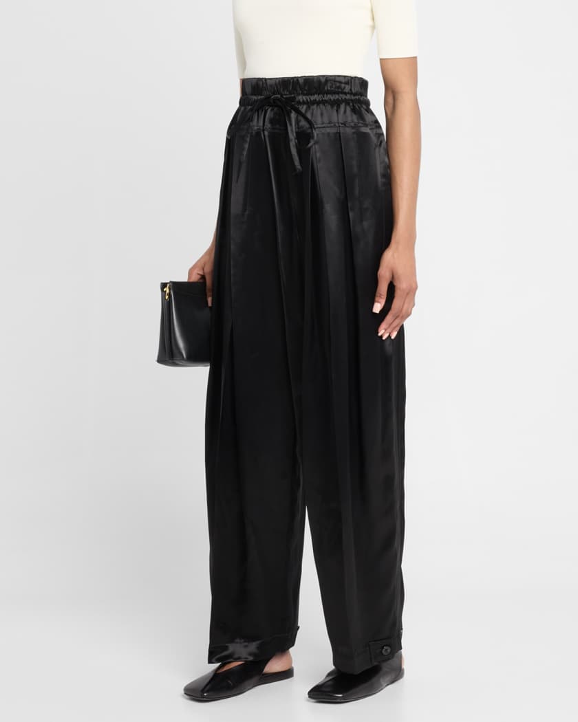 Jil Sander Pleated Satin Wide-Leg Drawstring Trousers | Neiman Marcus