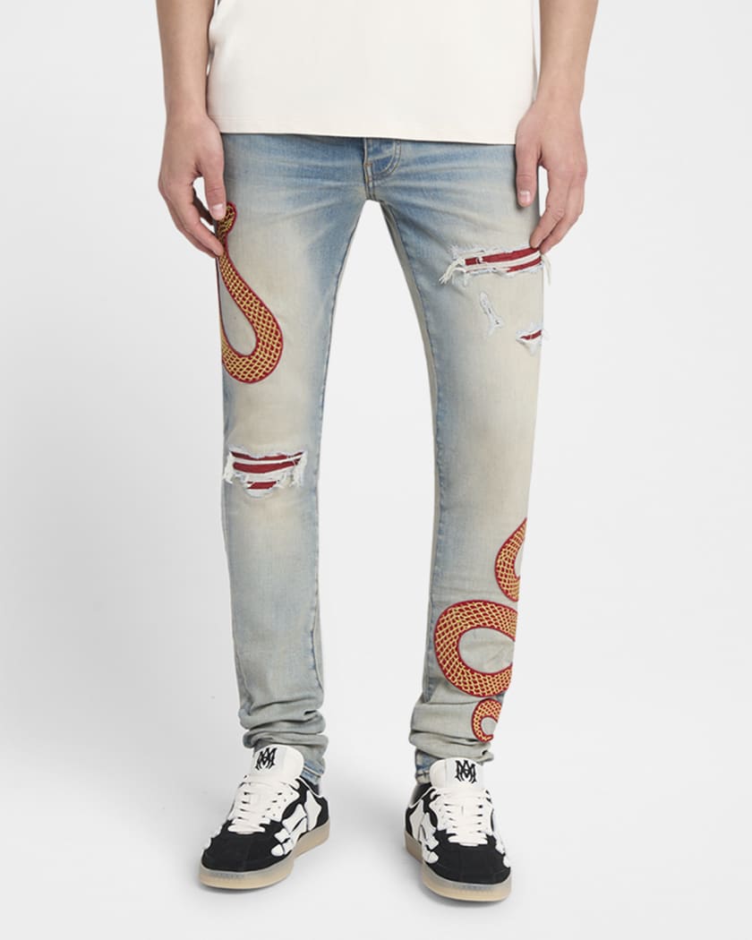 Men's Snake Applique Skinny Jeans