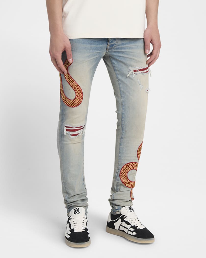 Men's Snake Applique Skinny Jeans