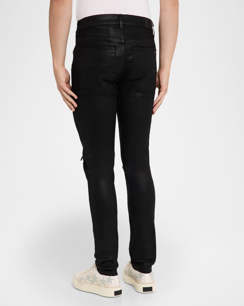 Men's Staggered Logo Waxed Skinny Jeans