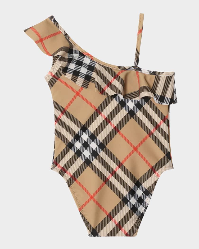 Girl's Fern Ruffled One-Shoulder Check One-Piece Swimsuit