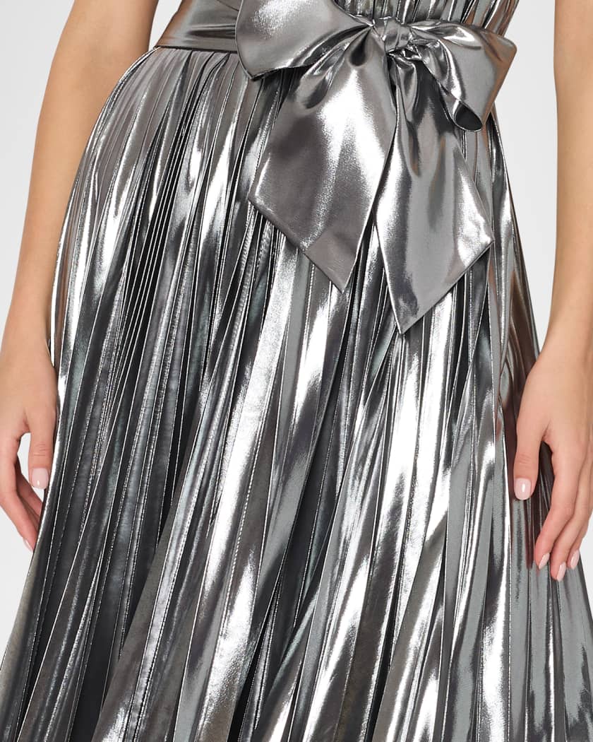 Milly Idena Pleated Metallic Lame Halter Midi Dress | Neiman Marcus