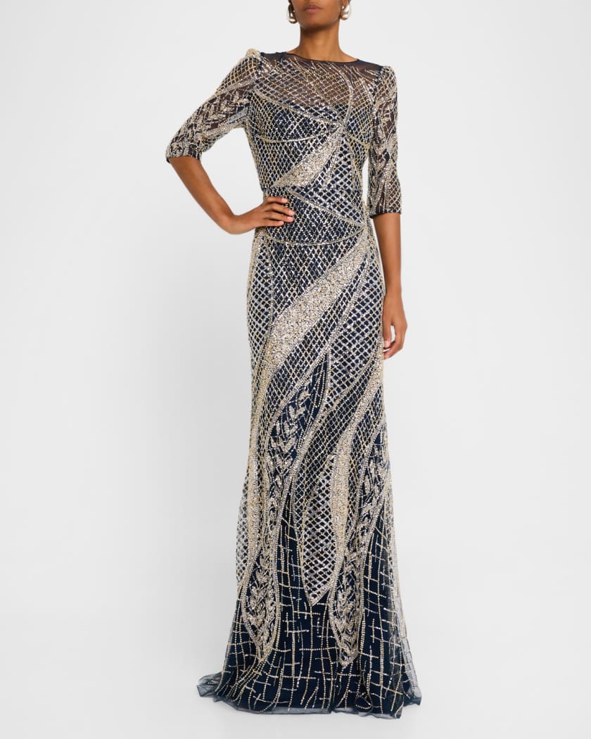 Art Deco Bead & Sequin Tulle Gown