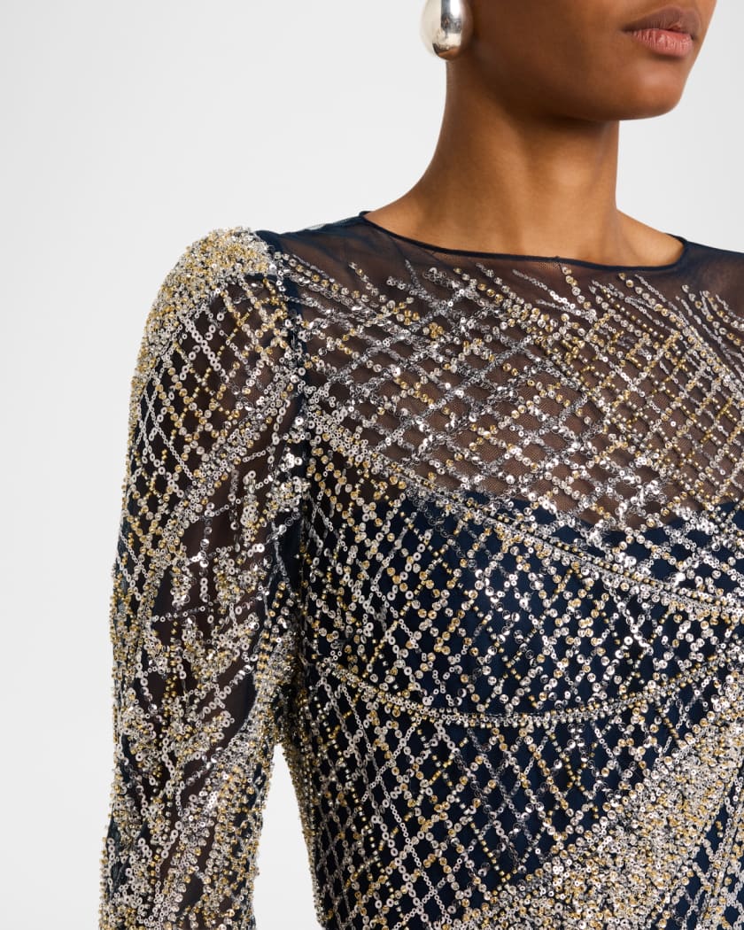 Art Deco Bead & Sequin Tulle Gown