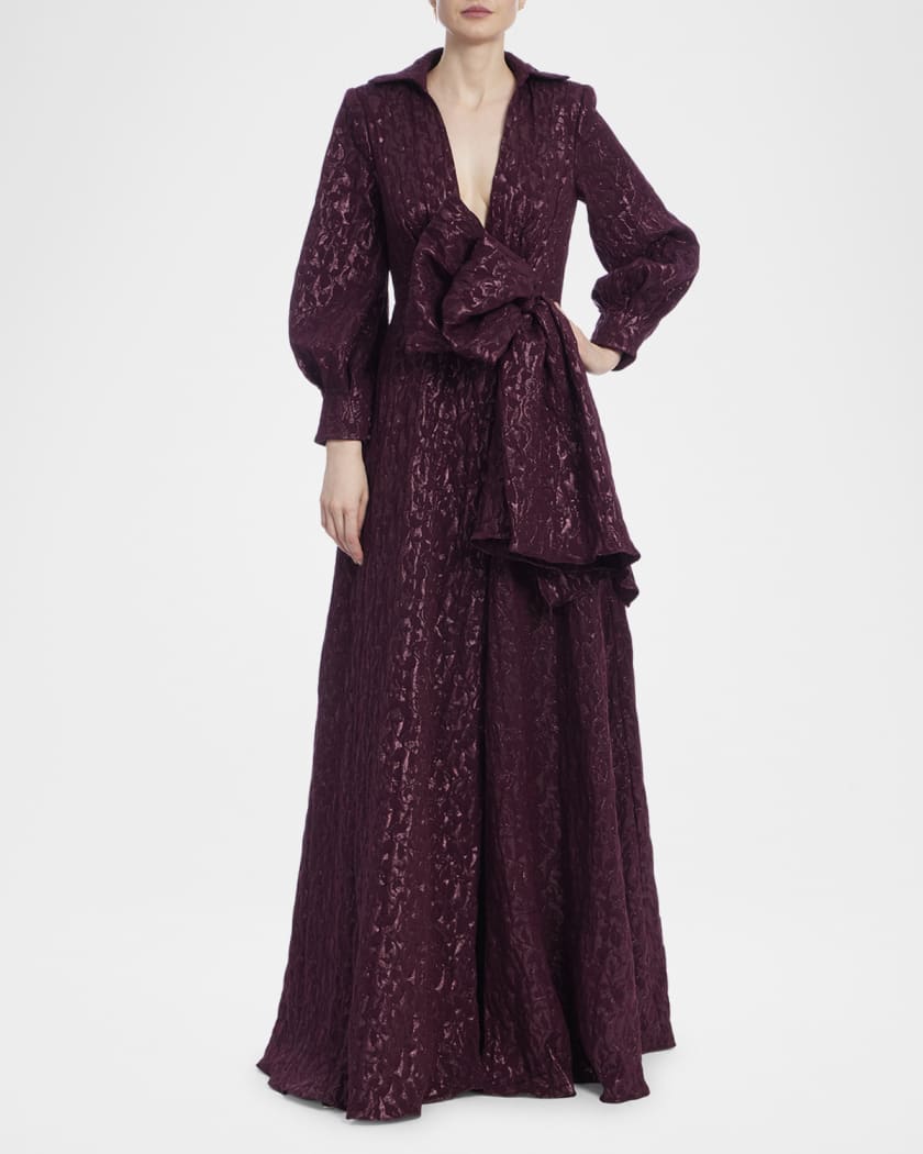 Deep V Neck Metallic Jacquard Bow Gown