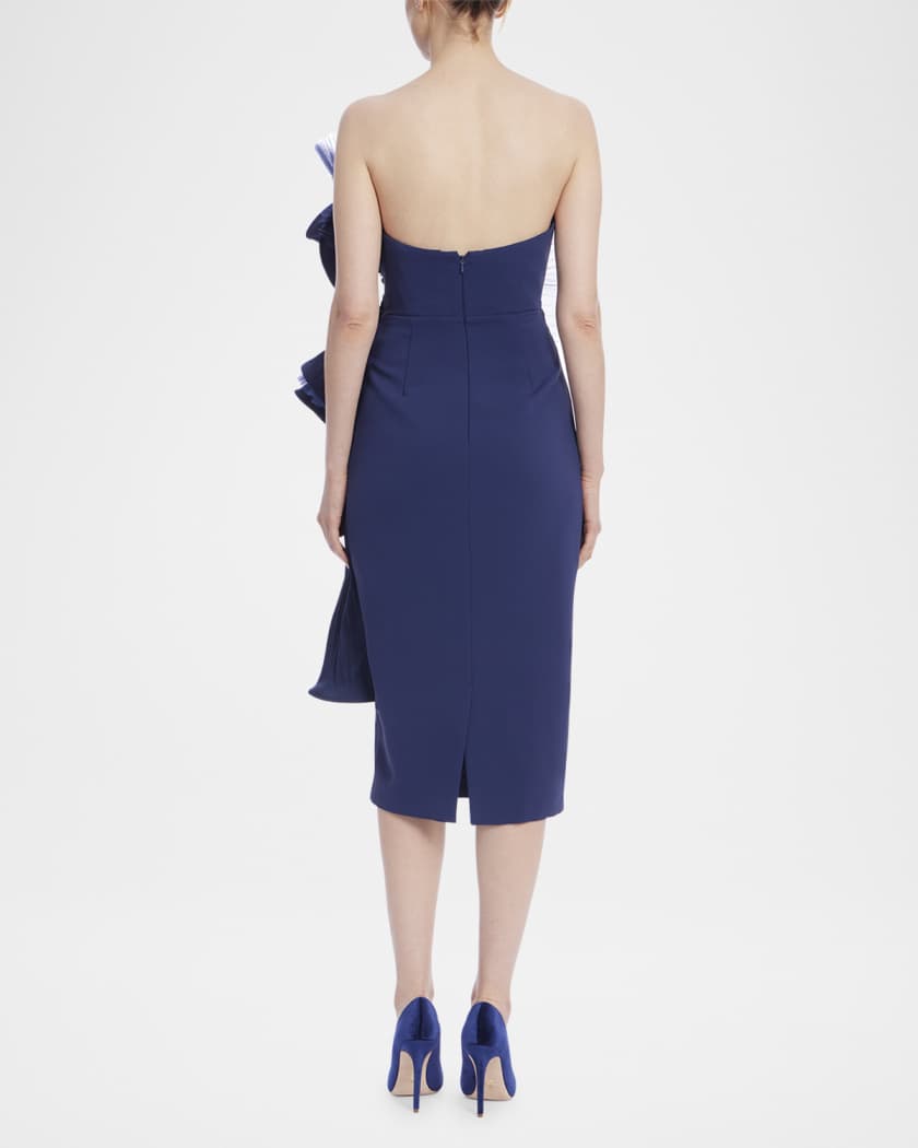 Strapless Pleated Fan Midi Sheath Dress