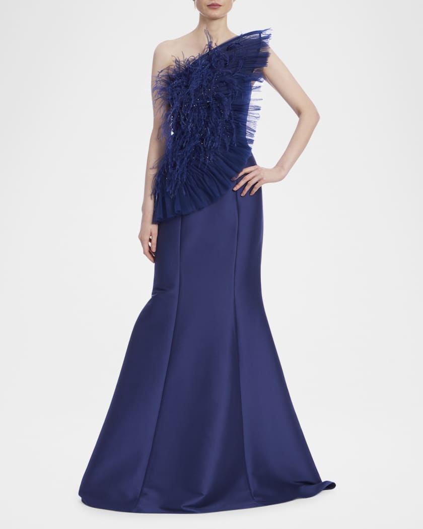Strapless Feather Ruffle Trumpet Gown