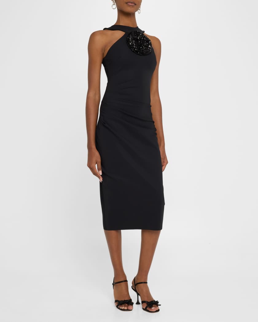 Bodycon Flower-Embellished Halter Midi Dress