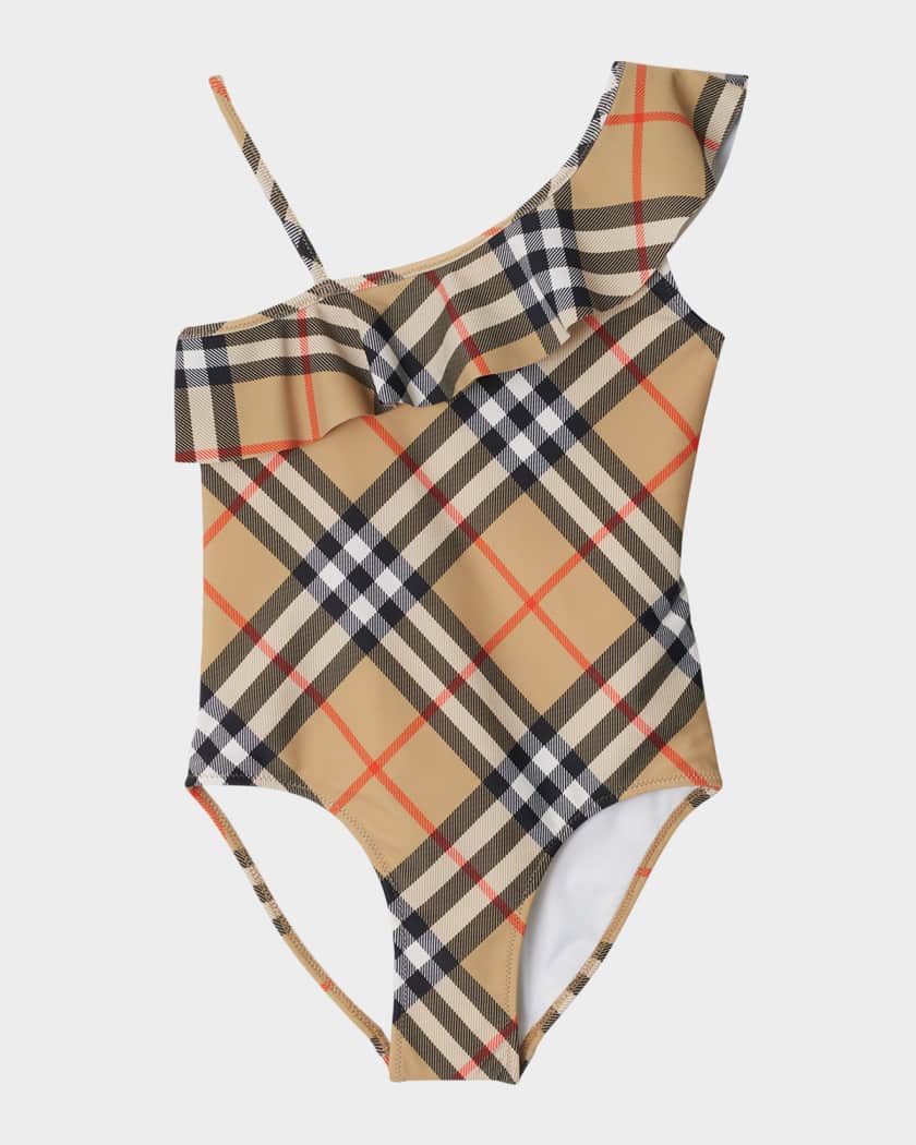 Girl's Fern Ruffled One-Shoulder Check One-Piece Swimsuit