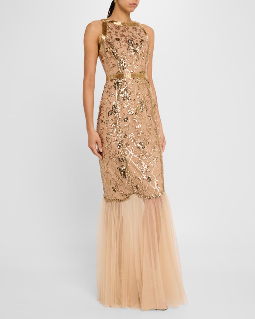 Sleeveless Bead & Sequin Column Gown