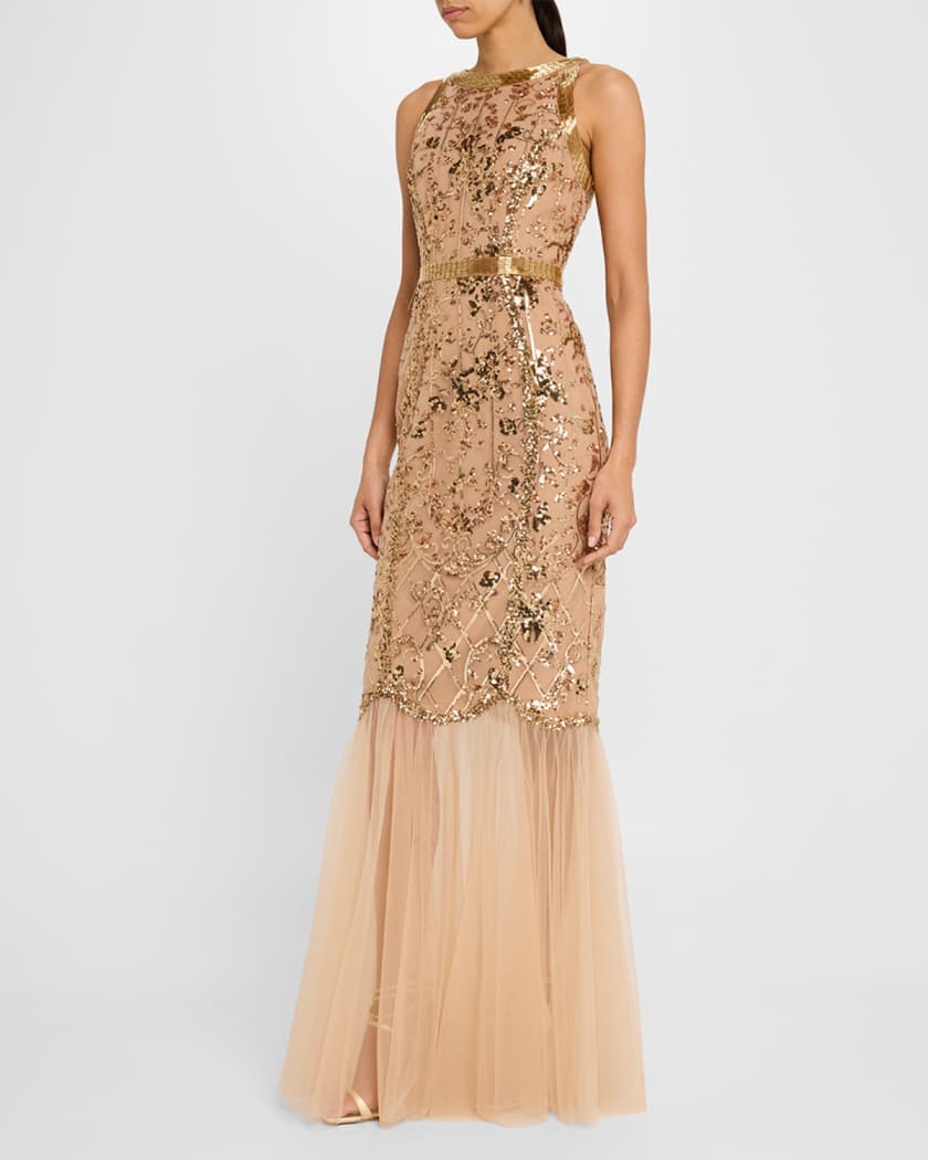 Sleeveless Bead & Sequin Column Gown