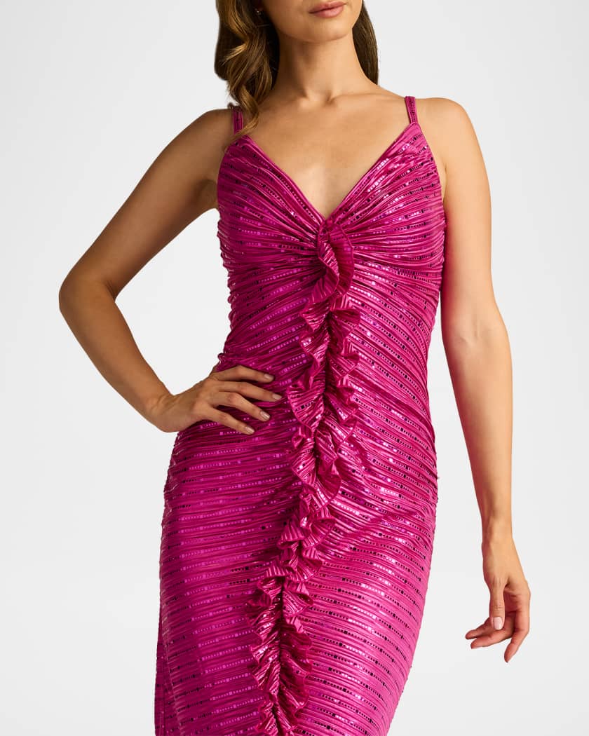 Ruched Ruffle Metallic Midi Dress