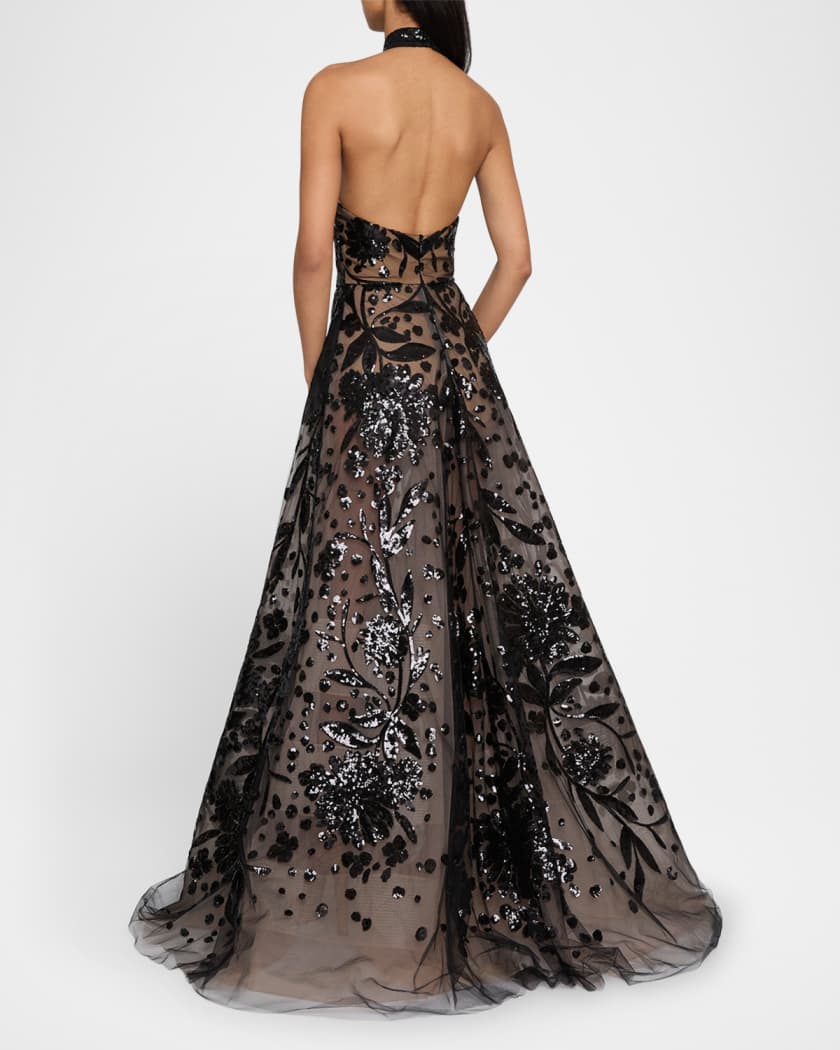 Floral Sequin Tulle Halter Gown