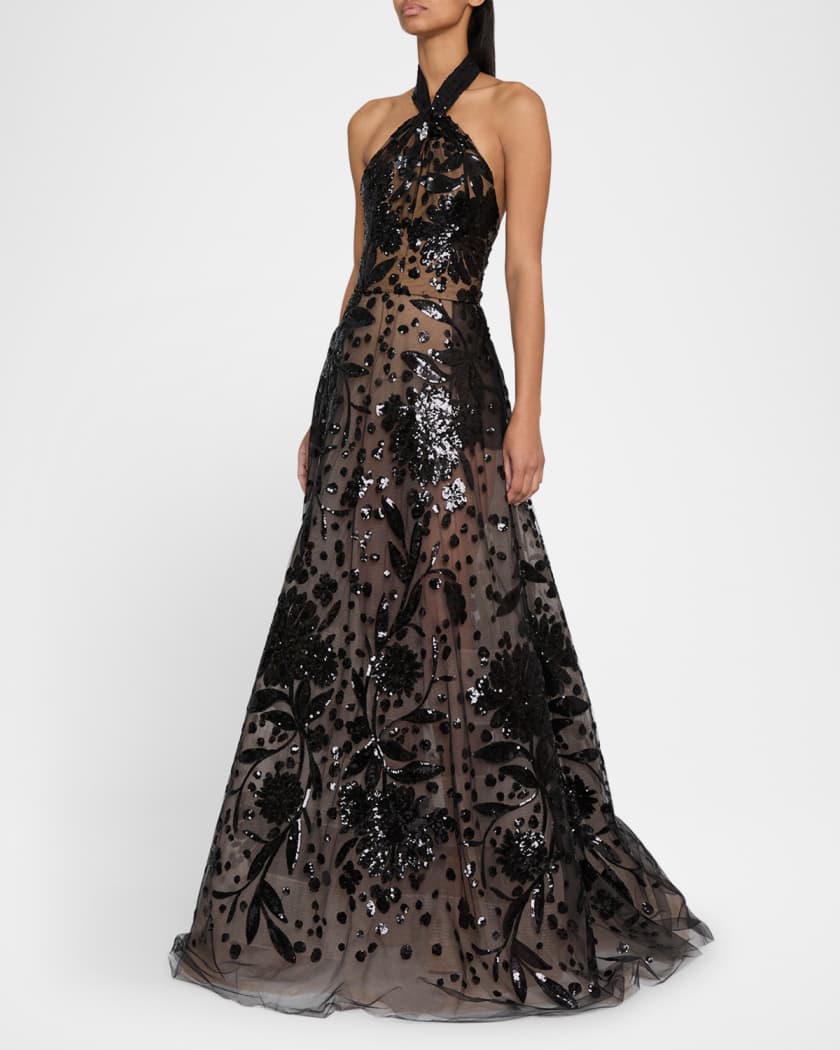 Floral Sequin Tulle Halter Gown