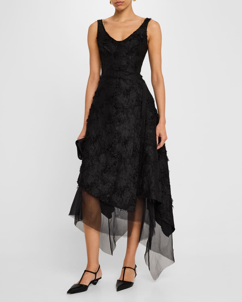 Asymmetrical Fray Jacquard Midi Dress With Bustier