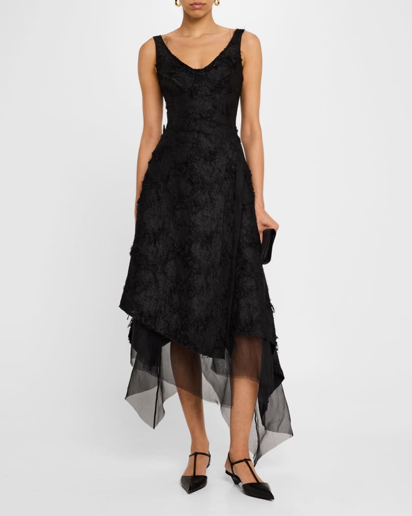Asymmetrical Fray Jacquard Midi Dress With Bustier