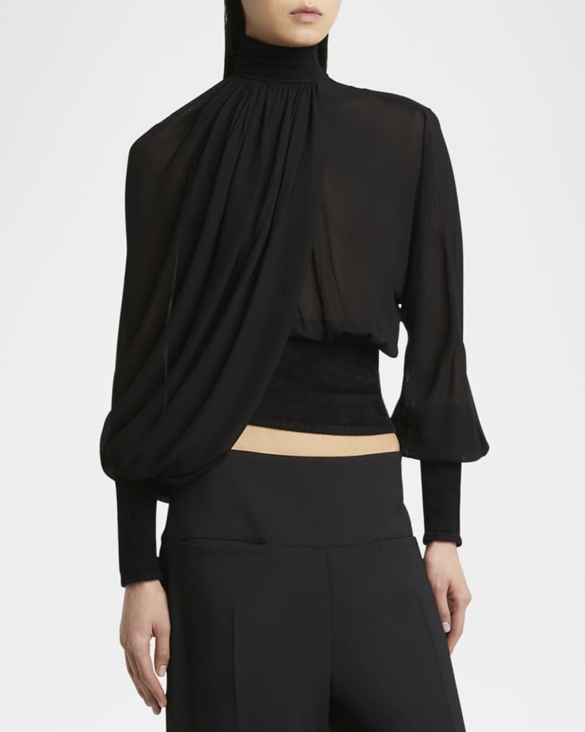 Turtleneck Long-Sleeve Cape  Blouse