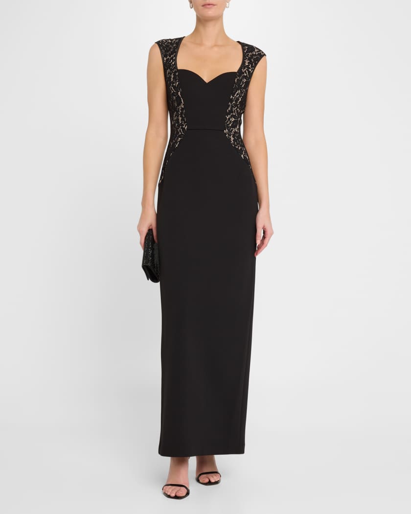 Cutout Bonded Crepe & Lace Column Gown