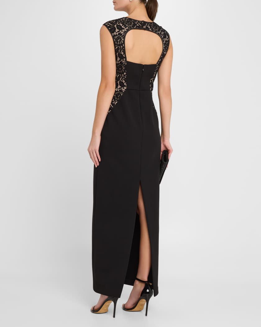 Cutout Bonded Crepe & Lace Column Gown