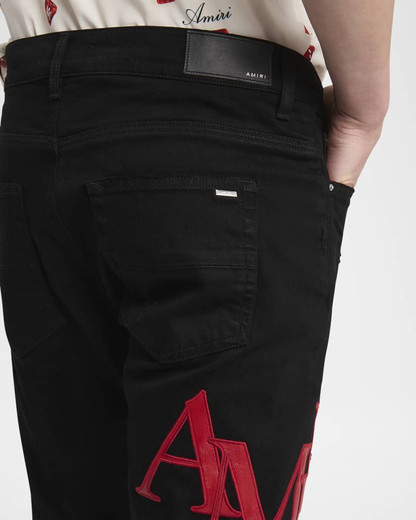 Men's Staggered Leather Logo Skinny Jeans