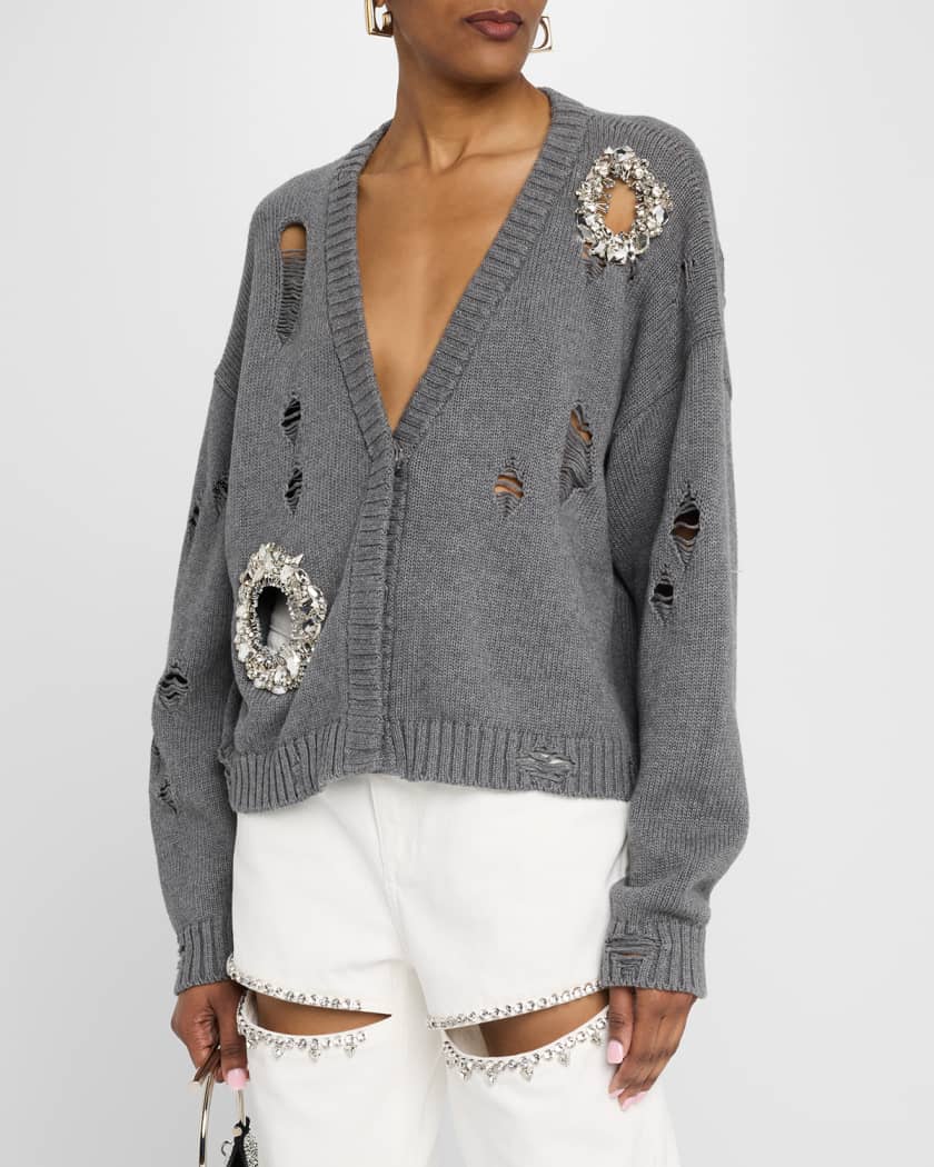 Distressed Crystal V-Neck Cardigan