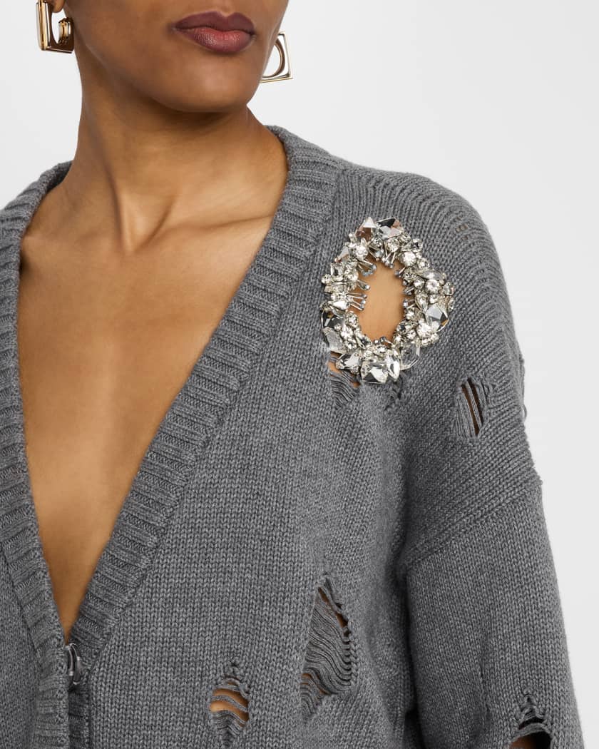 Distressed Crystal V-Neck Cardigan