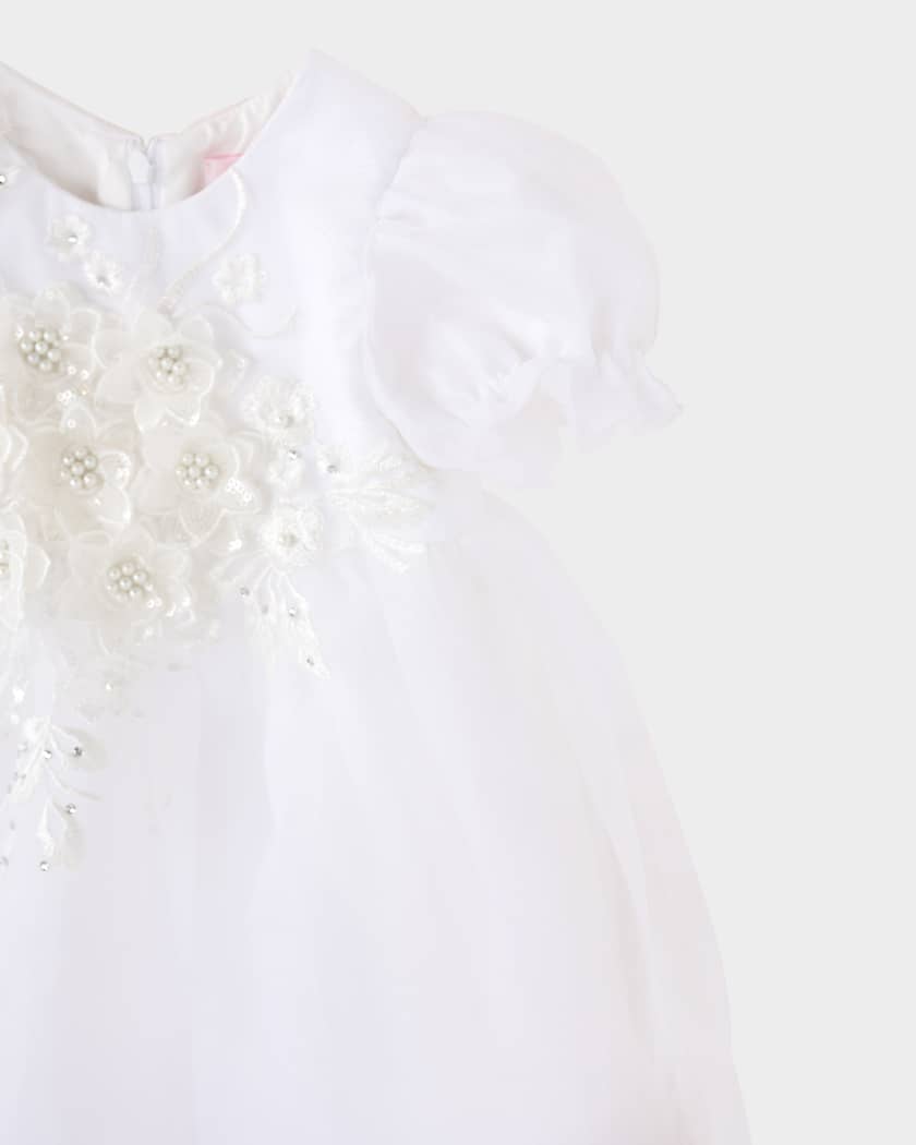 Girl's Belle Floral Applique Organza Christening Gown, Size 0-12M