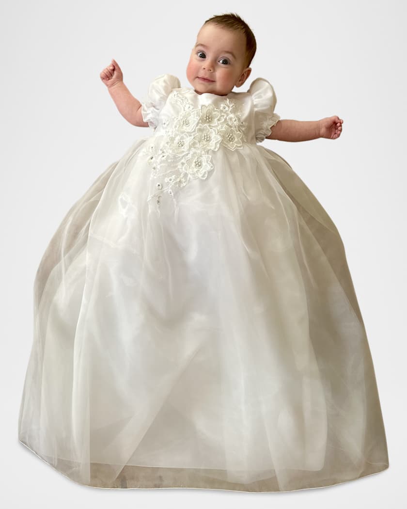 Girl's Belle Floral Applique Organza Christening Gown, Size 0-12M