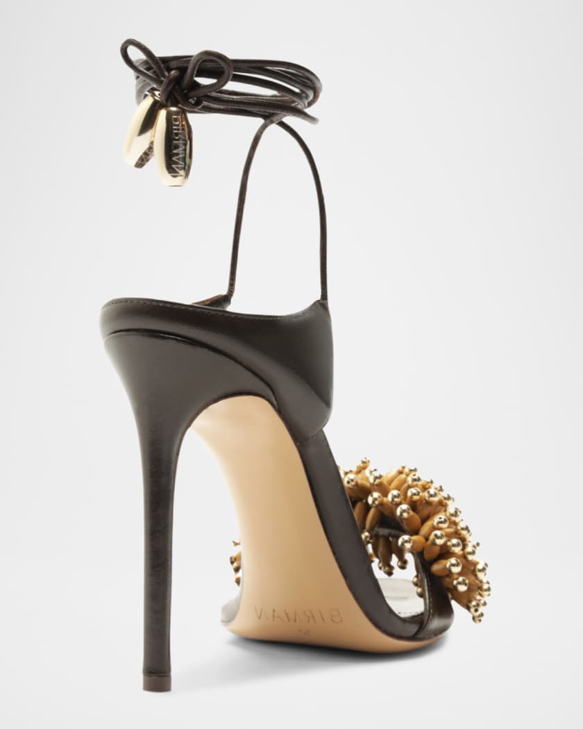 Zaya Leather Beaded Ankle-Wrap Sandals