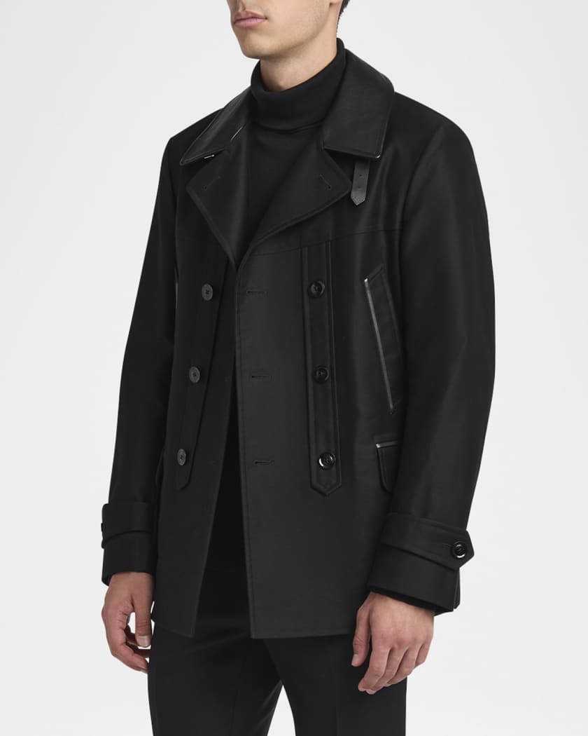 Men's Satin Leather-Collar Peacoat