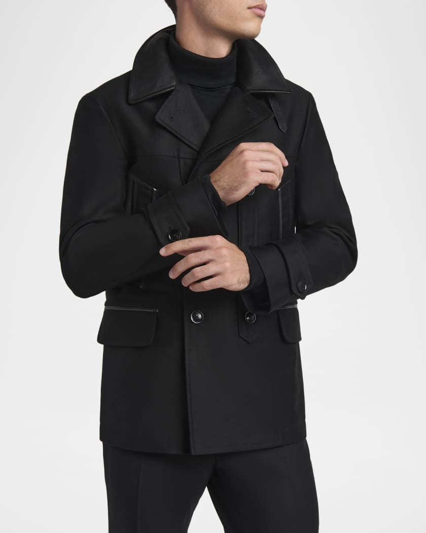 Men's Satin Leather-Collar Peacoat