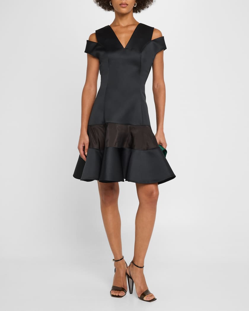 Shoulder Cut Out Flounce Satin Organza Dress