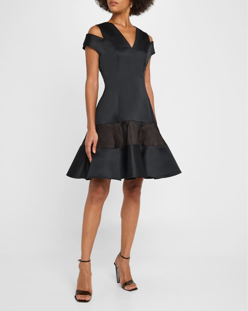 Shoulder Cut Out Flounce Satin Organza Dress