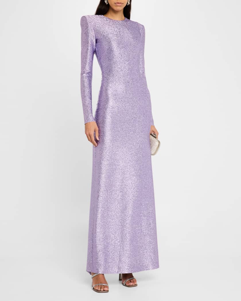 Metallic Stretch Lame Strong-Shoulder Gown
