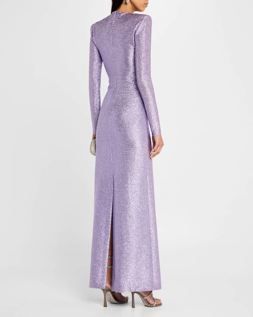 Metallic Stretch Lame Strong-Shoulder Gown