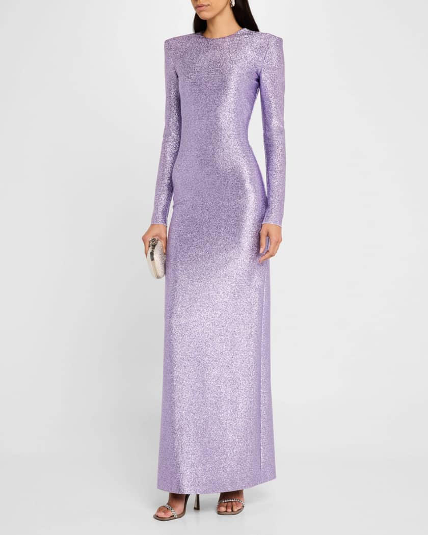Metallic Stretch Lame Strong-Shoulder Gown