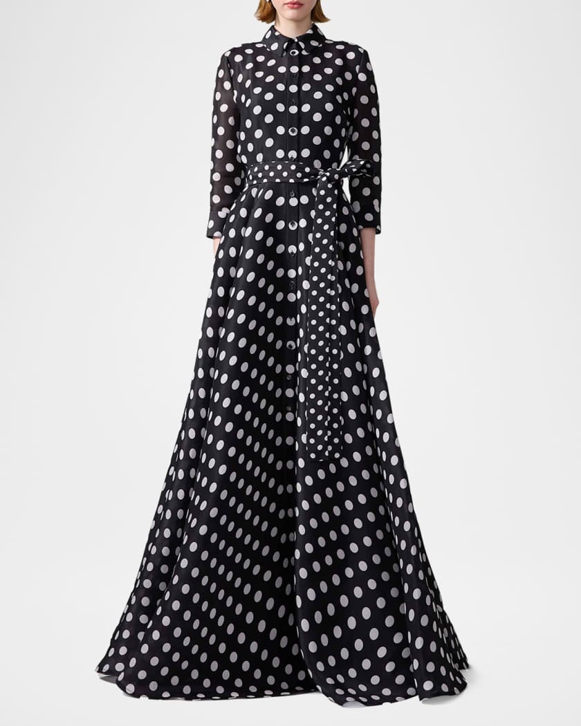 Polka-Dot Silk 3/4-Sleeve Trench Gown