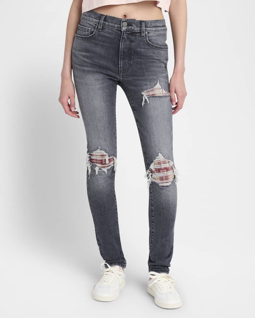 MA Quad Flannel-Inset Distressed Skinny-Leg Jeans