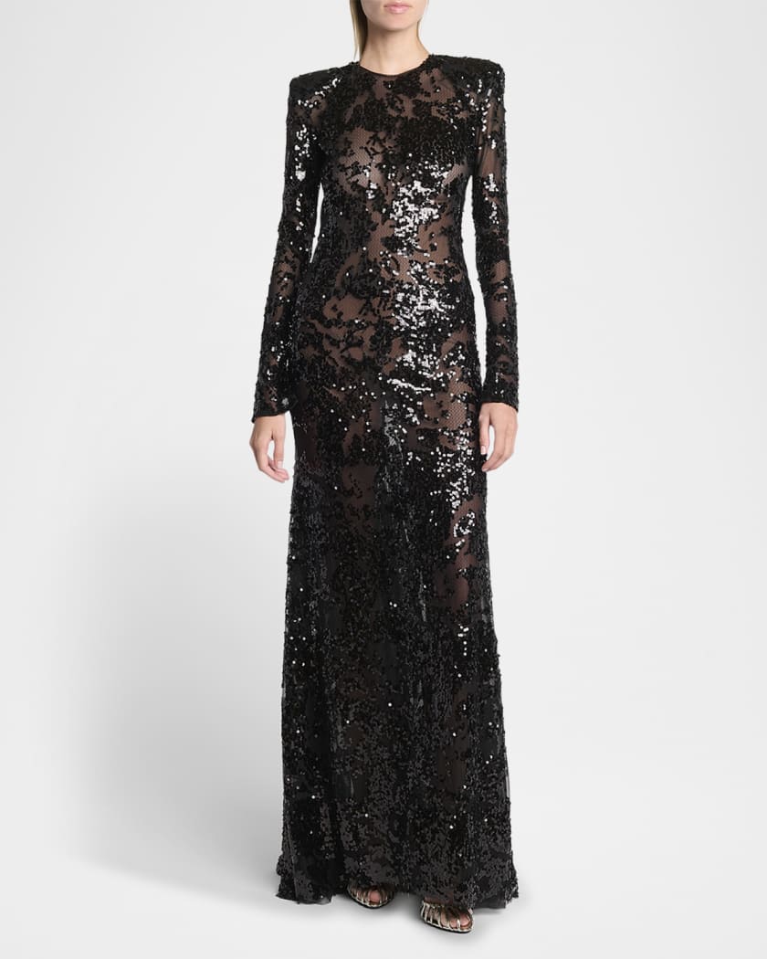 Long-Sleeve Backless Sequined Gown