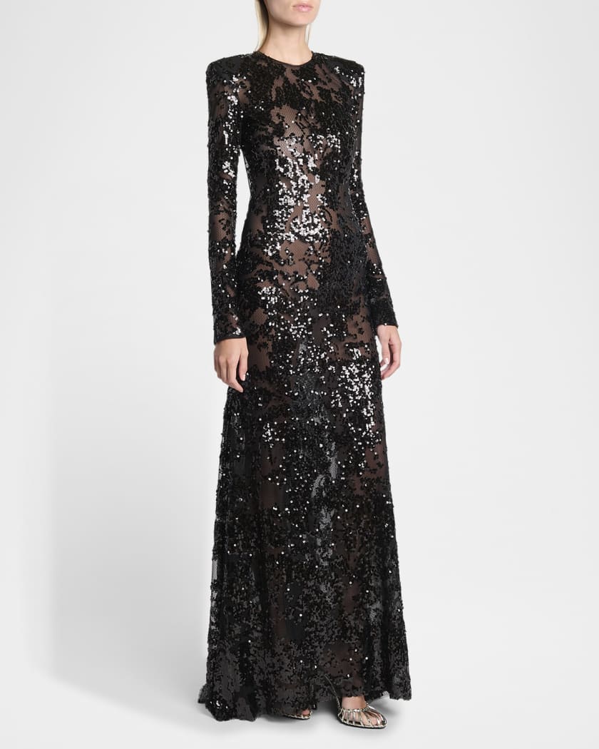 Long-Sleeve Backless Sequined Gown