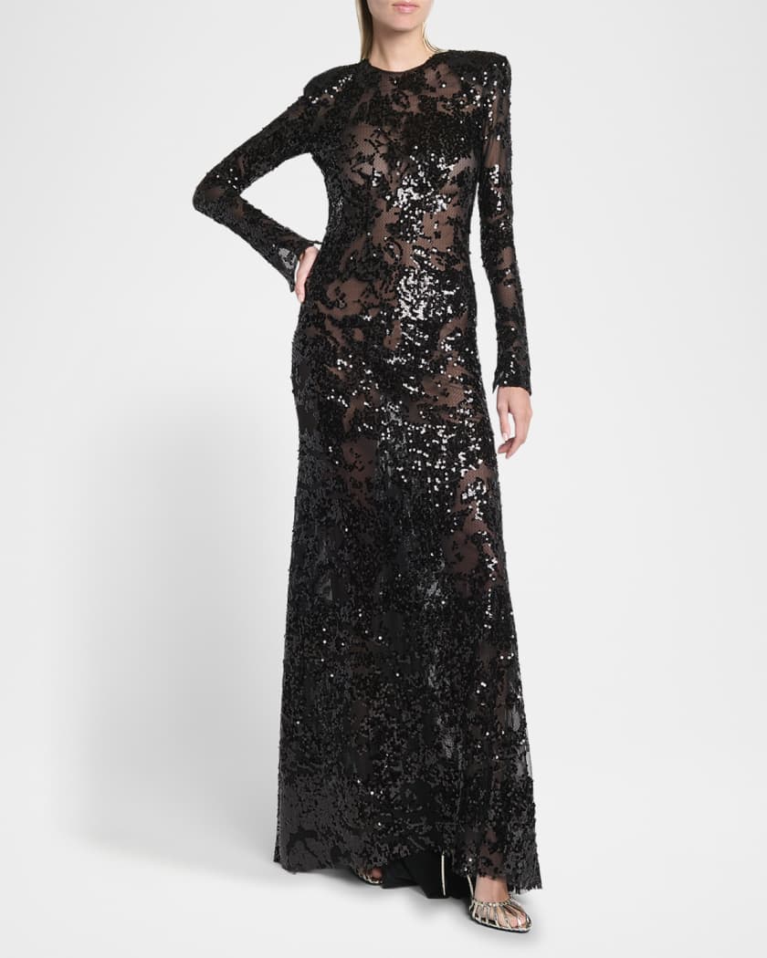 Long-Sleeve Backless Sequined Gown