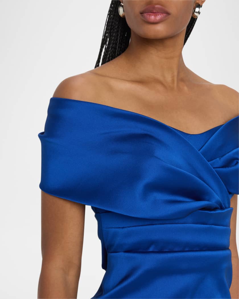 Stretch Mikado Portrait Draped A-line Gown