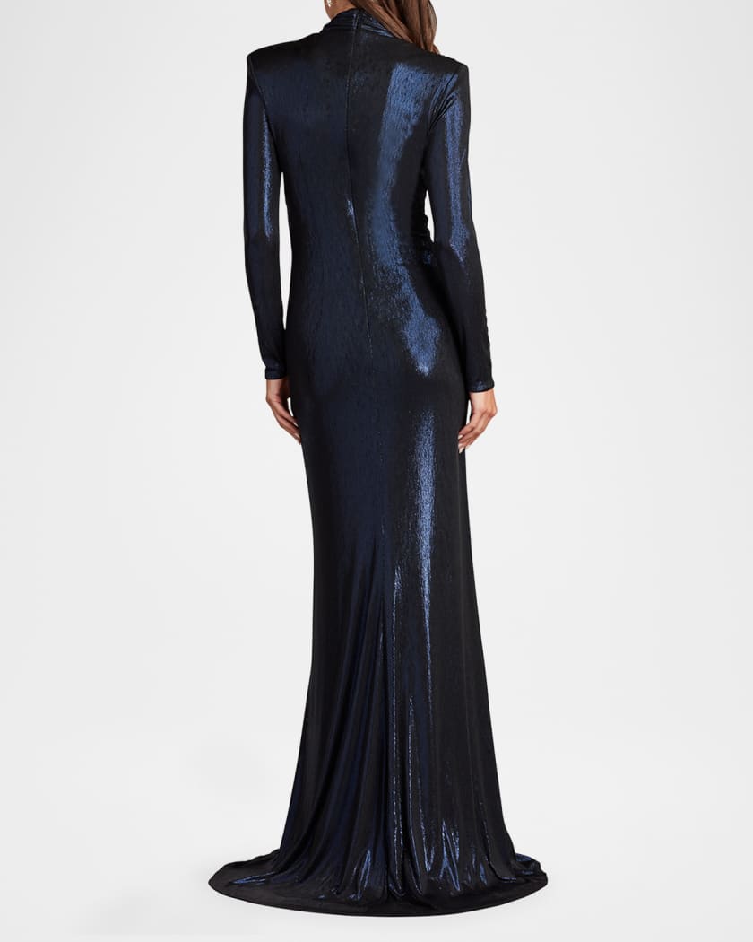 Twist-Front Metallic Jersey Column Gown
