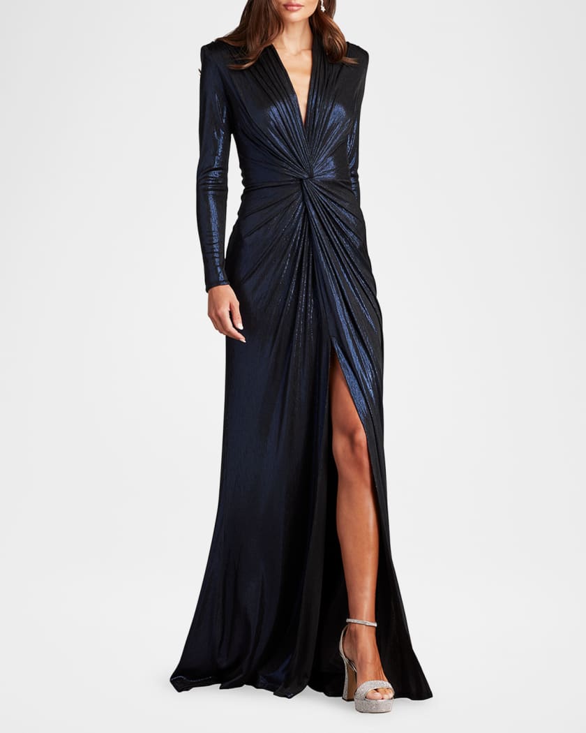 Twist-Front Metallic Jersey Column Gown