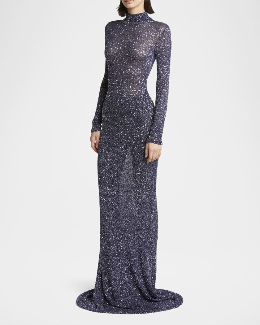 Sequined Mock-Neck Maxi Dress