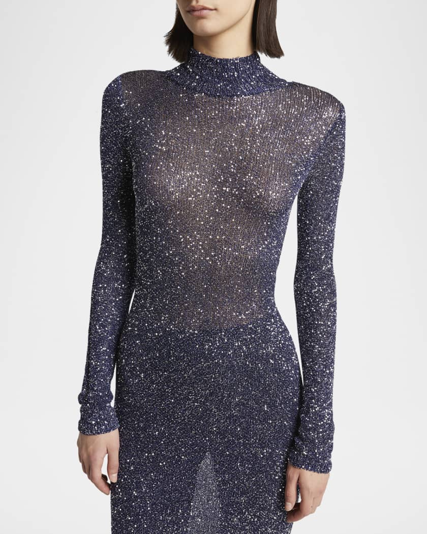 Sequined Mock-Neck Maxi Dress