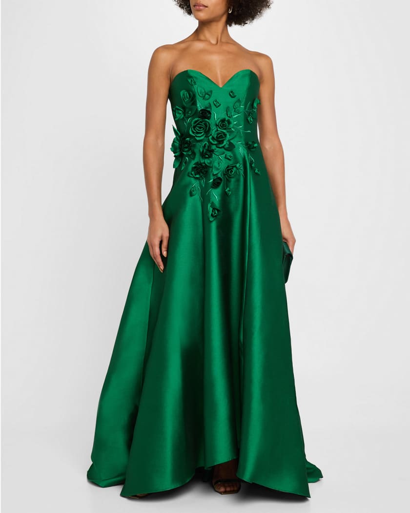 Strapless Floral Applique Gazar Gown