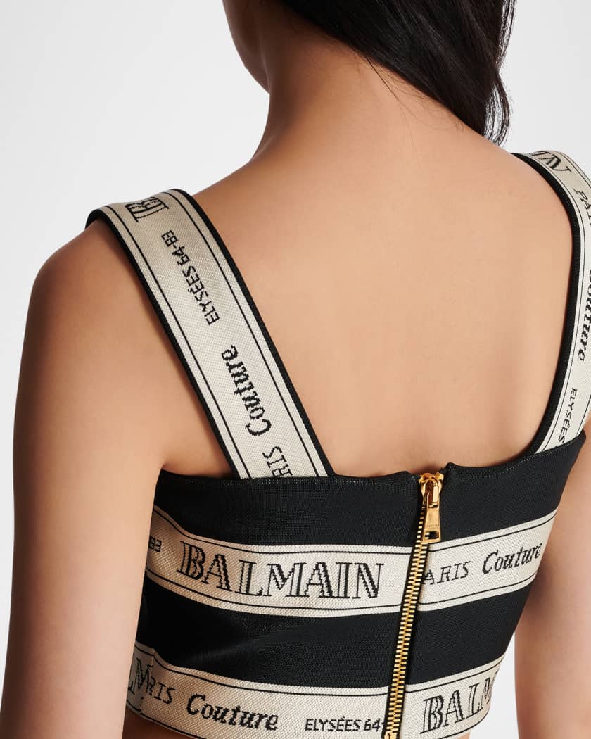 【送料&関税込】Balmain Cropped Top Balmain Striped Logo Jacquard Crop Top | Neiman Marcus