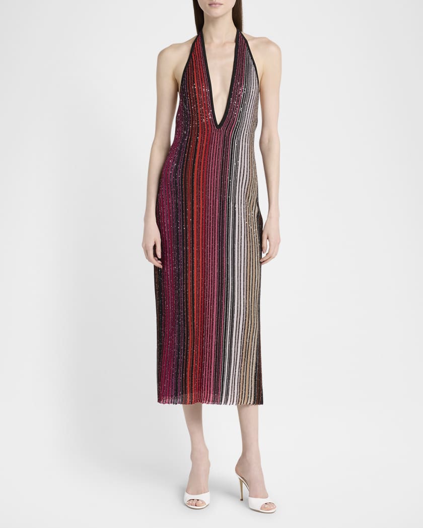 Paillette Striped Plunging Halter Midi Dress