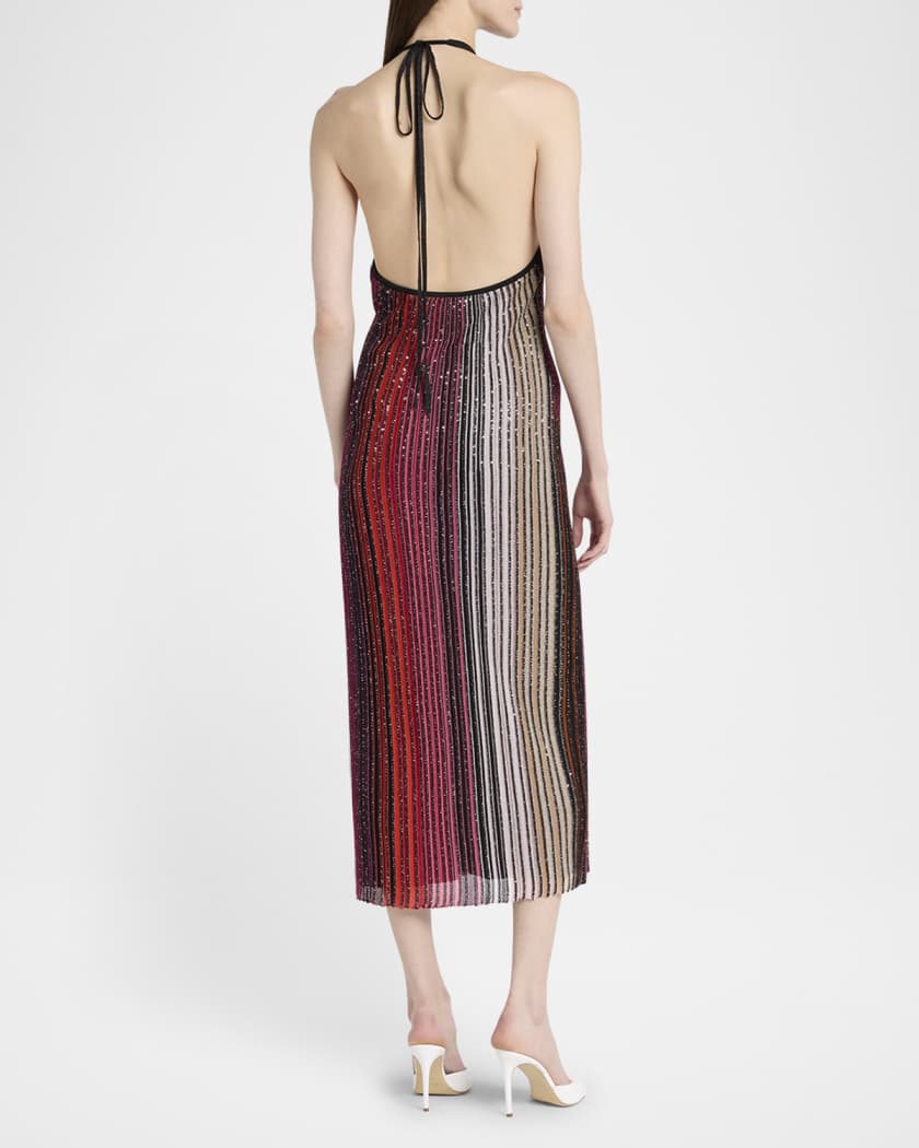 Paillette Striped Plunging Halter Midi Dress